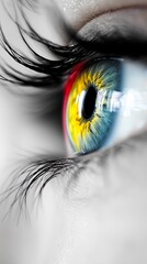  A close up of a person's eye with a rainbow colored iris