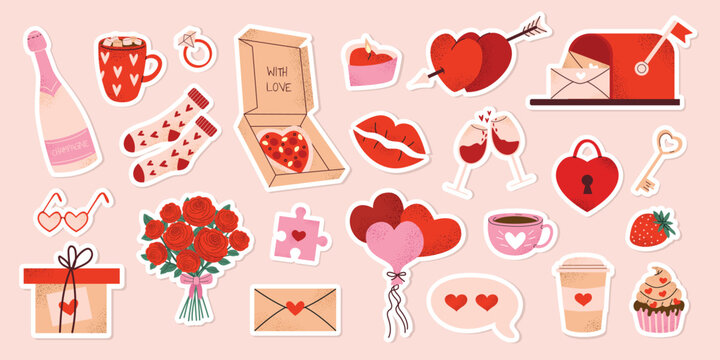 Set of Valentine's Day stickers with romantic cute elements: champagne, mug, socks, gift, bouquet, candles, balloons, puzzle, wine, lips, letters. Vector illustration on pink isolated background.