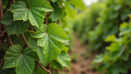 Close-up of dew-kissed grapevine leaves in soft light, nature's beauty