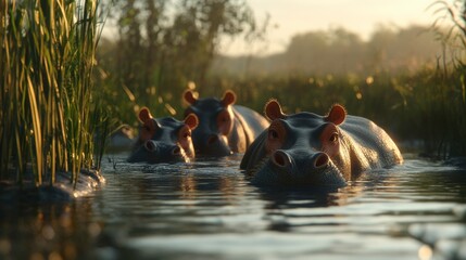 Fototapeta premium Hippos Swimming in a Serene Wetland Stream
