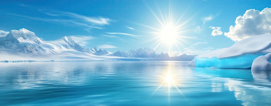 Design a striking template of a sunlit glacier to illustrate global warming, with ample copy space.