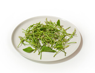 Basella Rubra in a white dish, Malabar Spinach, Ceylon Spinach, Indian Spinach, Malabar Nightshade, Vine Spinach (Basellaceae), isolated on white, view from the top