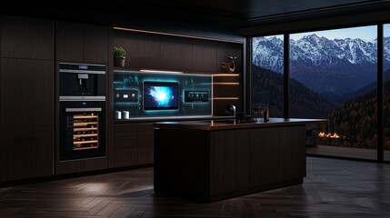 A luxurious kitchen with dark walnut cabinetry, touchless fixtures, and integrated smart home technology. 
