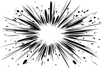 An abstract black ink explosion with radiating lines and splatter on a white background.