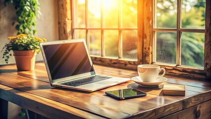 Obraz premium Minimalist Vintage Workspace: Laptop, Notebook, Coffee, Wooden Desk, Sunlight