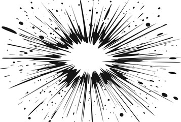 An abstract black ink explosion with radiating lines and splatter on a white background.
