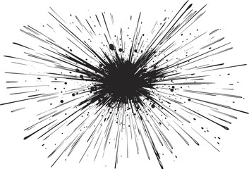 An abstract black ink explosion with radiating lines and splatter on a white background.