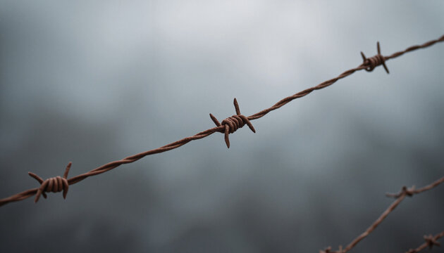 Rusted barbed wire strands against a blurred grey sky, remembrance