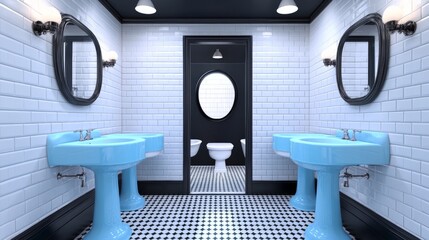 1950s-themed bathroom with soft blue sinks, black-and-white tiled floors, and stylish vintage light fixtures.