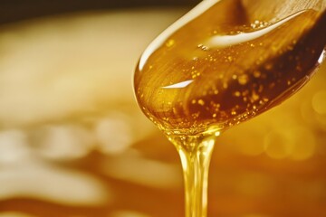 A wooden spoon dripping with golden honey, showcasing its thick, viscous texture.