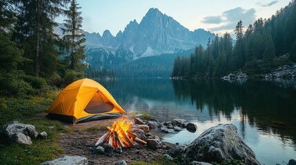 Enjoying a peaceful evening by the lake with a warm campfire and a yellow tent in the mountains