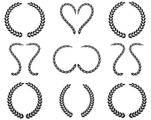 Laurel Wreath Silhouette Black Icon Set. Emblem floral branch flat icons. Laurels wreaths, swirls, twigs and flower ornaments. Tree Branch Success Symbol. Circular foliate laurels branches.
