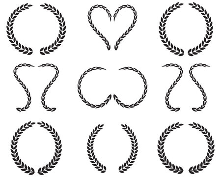 Laurel Wreath Silhouette Black Icon Set. Emblem floral branch flat icons. Laurels wreaths, swirls, twigs and flower ornaments. Tree Branch Success Symbol. Circular foliate laurels branches.

