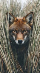 A close-up of a fox's face peering through tall grass, showcasing its intense gaze.