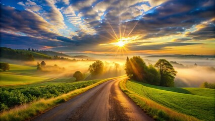 Misty Dawn Road: Panoramic Scenic Highway at Sunrise