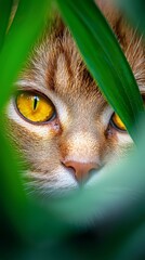  A close up of a cat's face peeking out from behind some green leaves