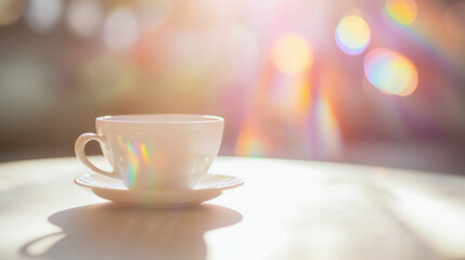 Fototapeta premium white coffee cup with rainbow light bokeh for cozy morning concepts and relaxation themes