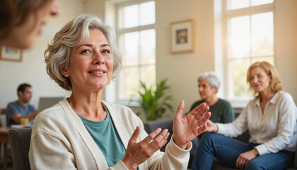 Elderly woman sharing arthritis advice in community center, support