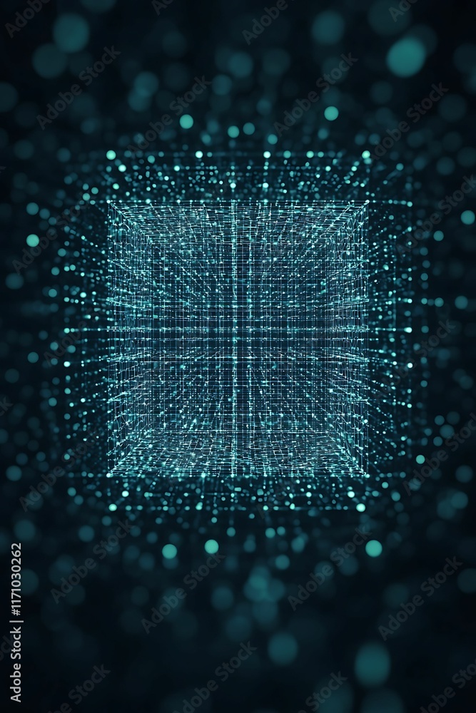 Poster privacy user rights concept, abstract digital grid illuminated with glowing particles in a dark back