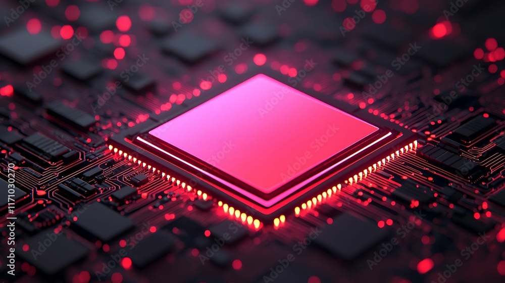 Poster privacy user rights concept, digital circuit board with a glowing red microchip at its center, showc