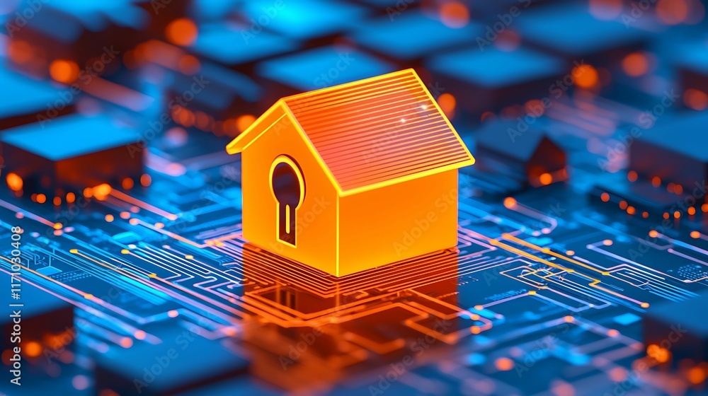 Poster privacy user rights concept, digital house icon with a lock symbol on a tech-themed background repre