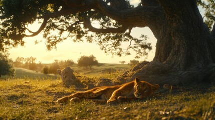 Obraz premium Lion Relaxing Under Trees at Golden Hour