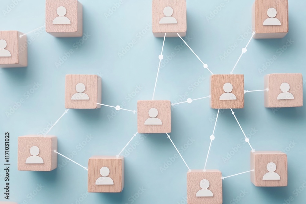 Poster networking and connection: wooden blocks symbolizing individuals interconnected, illustrating collab