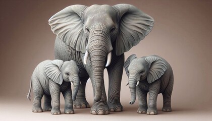 Fototapeta premium Elephant Family featuring a mother elephant and her two babies with textured grey skin and detailed wrinkles
