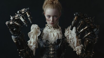 Woman with steampunk mechanical arms,  serious expression,  vintage clothing,  