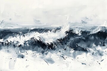 Abstract depiction of tumultuous ocean waves in shades of blue and white.