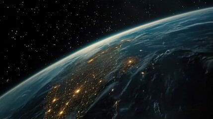 Obraz premium Stunning view of Earth from outer space, showing illuminated cities and the planet’s curvature under a starry sky, symbolizing global connection and wonder.