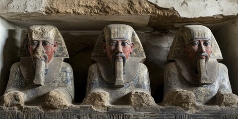 Ancient statues of Egyptian deities in a tomb from the Middle Kingdom period showcasing intricate carvings