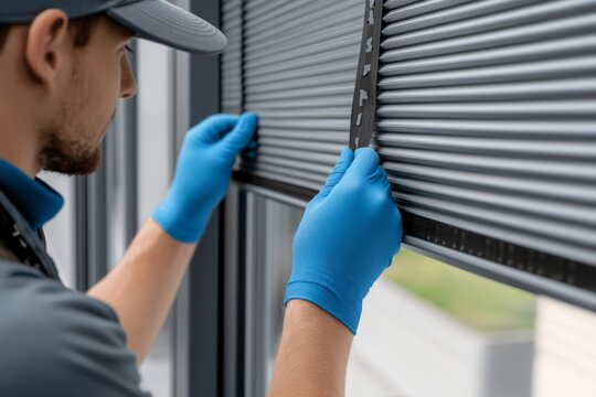 Motorized jalousie or blinds Measuring. Workman fixing, adjusting new plastic PVC window with white metal frame installing at modern house. Advertising. Typical installation of roller system on window