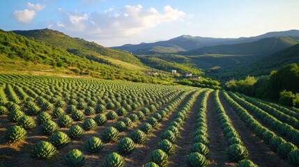 A wide view of an artichoke farm with rows of green artichokes growing under the sun, with no people --ar 16:9 --v 6.1 Job ID: f667d8cf-c014-405d-b73d-1784489f3980