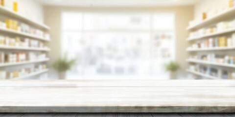 Blurred view of a modern pharmacy interior with shelves of medicine and a digital display in soft yellow tones