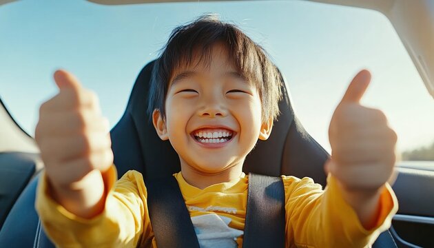 A young child, beaming with joy in a car, gives two thumbs up with seatbelt buckled The sun shines brightly on the child's face, and the background suggests movement The image is captured in a medium