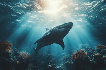 A surreal depiction of a megalodon swimming through an ancient ocean, its massive silhouette casting a shadow over coral reefs and prehistoric fish,copy space background