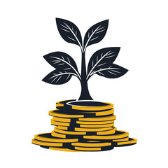Plant with five leaves growing out of stacked gold coins.