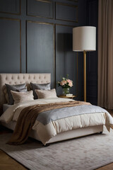Beige Upholstered Bed in Dark Grey Paneled Bedroom