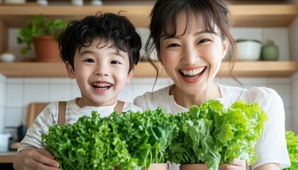 Capture the heartwarming scene of an Asian mother and son gardening together at home, fostering a strong bond while teaching invaluable life lessons through the nurturing of vibrant plants Explore