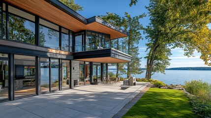Obraz premium A contemporary lakeside house with floor-to-ceiling windows, large patio, and water views