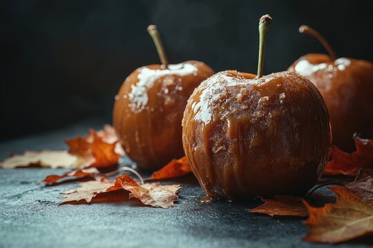 A dark, moody scene of spoiled caramel apples, their sticky coatings cracked and discolored, surrounded by dry leaves on an autumn-themed table,copy space background