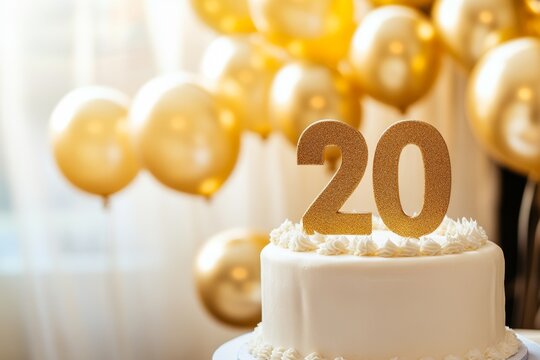 20th birthday cake adorned with gold accents. Birthday party. Blurred light festive background. Golden balloons. Twenty years or twentieth anniversary. Celebration cake with golden candles. Numbers 20