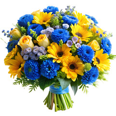 bouquet of colorful blue and yellow flowers, soft focus isolated on white