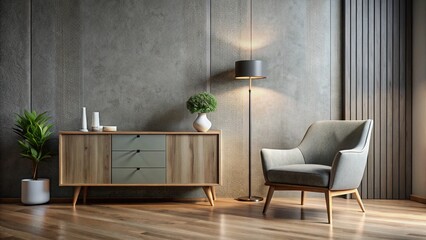 Modern Minimalist Gray Home Interior: Textured Walls, Wooden Floor, Comfortable Chair & Stylish Cabinet