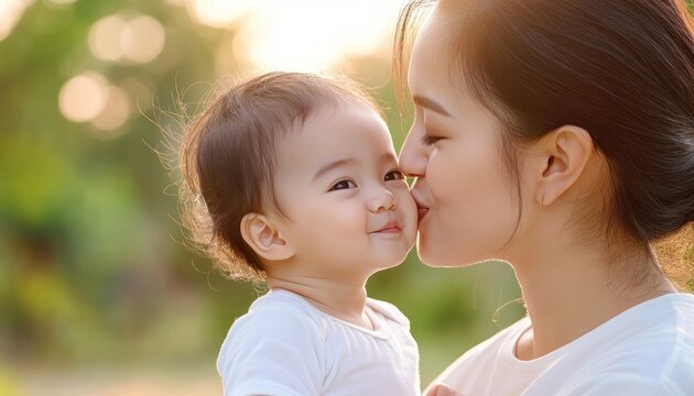 Discover the joy of early learning as an Asian mom teaches her child effective communication skills through role-playing and gentle correction This heartwarming image captures a tender moment of