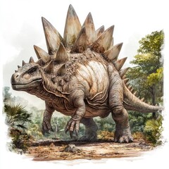 Fototapeta premium A large, spiky dinosaur resembling a stegosaurus in a prehistoric forest setting.