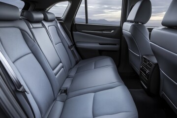 Fototapeta premium Stylish Interior of SUV, Luxury Seating. Elegant large powerful sports SUV, premium quality gray leather seats. Car rear seats. New modern car inside. Lease, rental car, sell, buy. Loan credit