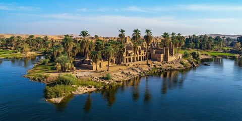 Fototapeta premium Beautiful island with ancient ruins and palm trees near the river in Egypt during a clear day