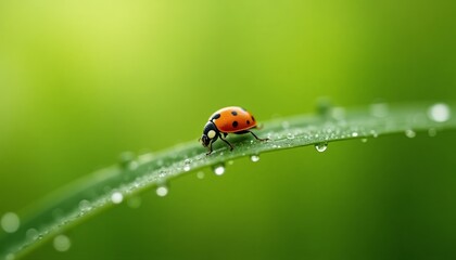 Ladybug crawling on a dewy blade of grass,  with blurred green background